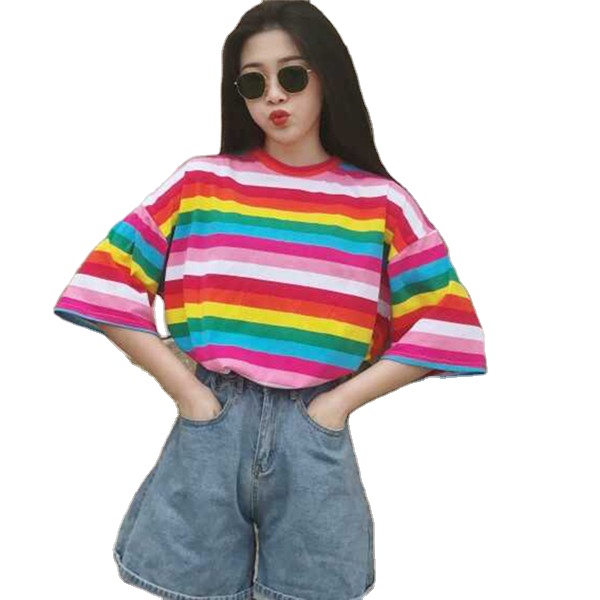 New T Shirt Women Rainbow Striped Tops Harajuku T shirt Summer Short Sleeve Korean Punk T-shirt camiseta feminina