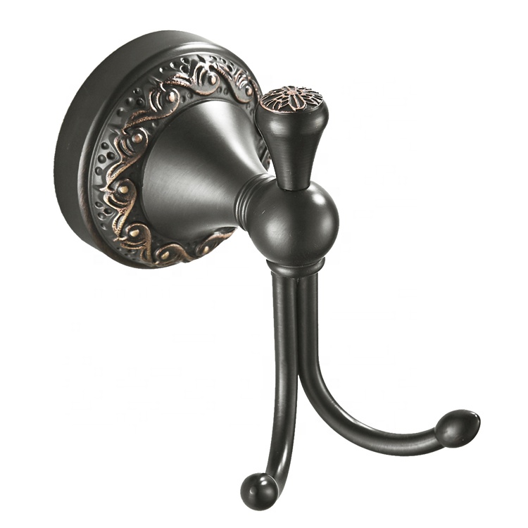 Wholesale household bathroom wall-mounted embossed round chassis retro black all-copper coat hook