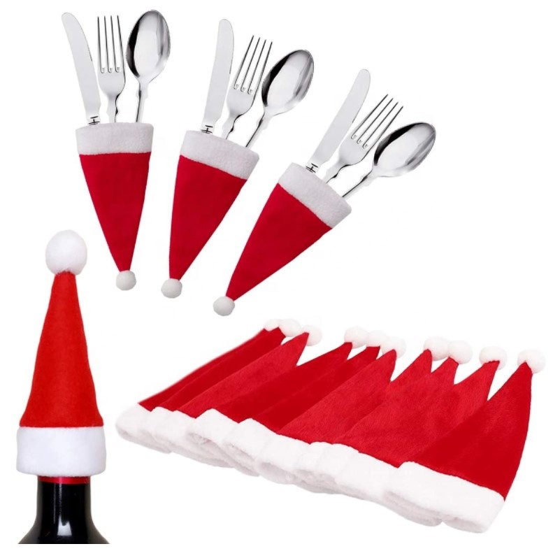 Xmas Silverware Holders Red Christmas Mini Santa Hats for Mini Santa Hat Cup Bottles Cover