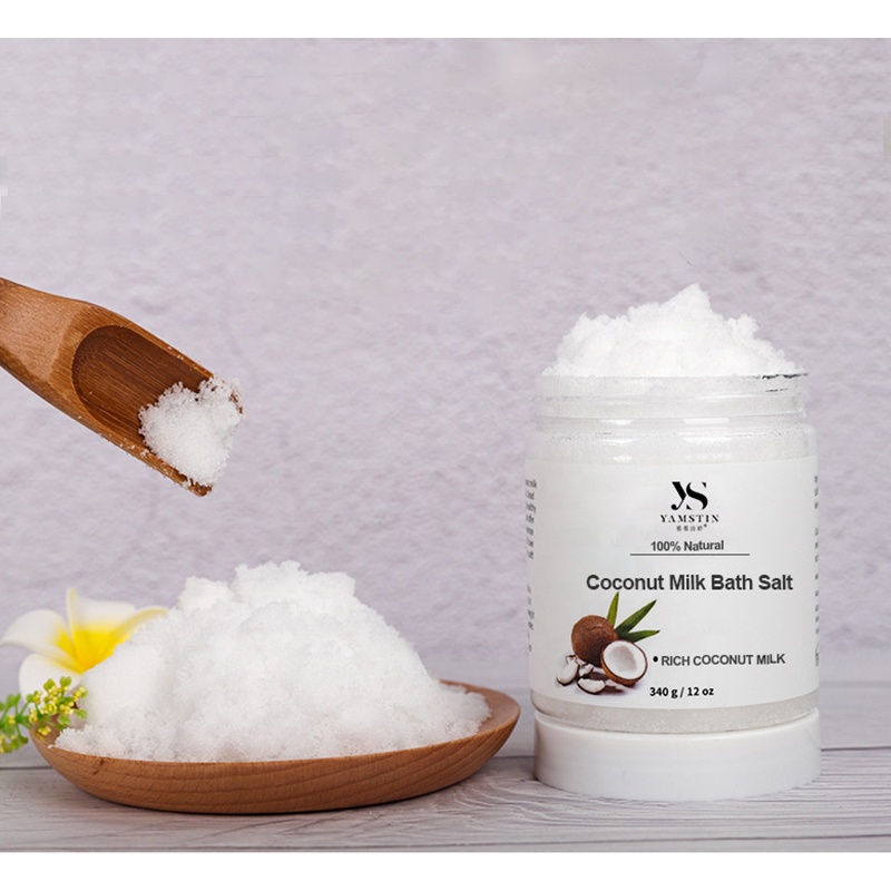 Private Label Organic Coconut Milk Bath Salt Scrub Custom Exfoliating Vitamin E Spa Shower Body Bath Salts