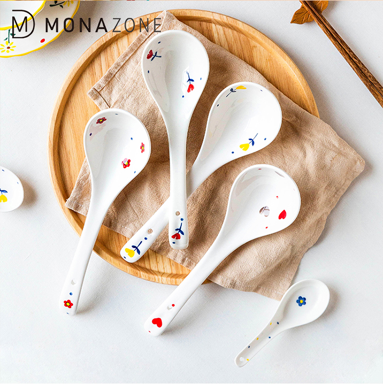 Керамическая ложка Monazone с цветочным узором, детская оригинальная ложка для риса, большая ложка для супа