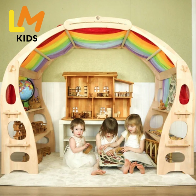 LM KIDS Montessori Kids Daycare Library Bookshelf Foldable Birch Plywood Wooden Library 3-Shelf Bookcase Furniture