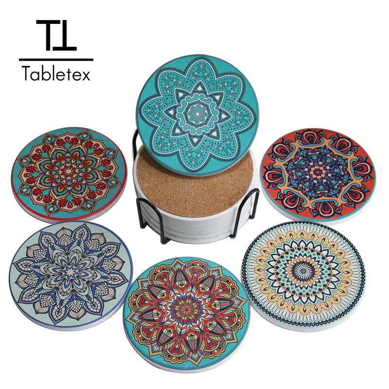 DIY Custom 6 in 1 Ceramic Cork Coaster Set Printing MDF Round Wooden Coasters Holder For Tea Drink