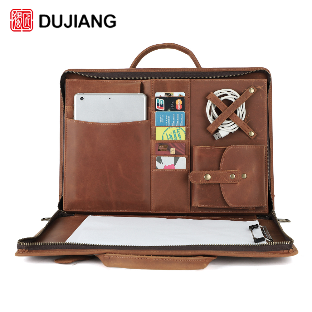 Vintage Business leather padfolio Genuine Leather Handbag Padfolio Crazy Horse Leather laptop bag Men Briefcases