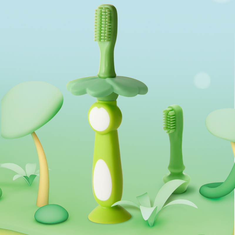 LULA Beauty 2021 Baby Suction Base Infant Toddler Soft Bristle Toothbrush Silicone Training Teether Green Leaf Toothbrush