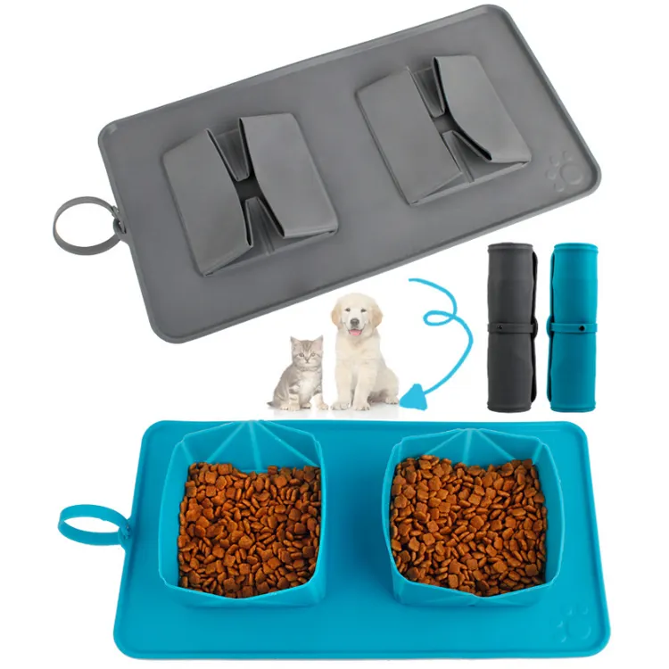 Оптовая продажа, портативные и складные дорожные чаши, Нескользящая силиконовая двойная Складная миска для собак с подарочной сумкой для переноски