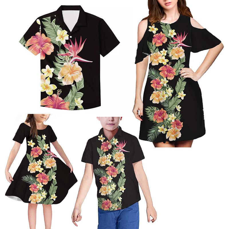 Последняя полинезийская цветочный принт черный 4 шт. Summer Matching Outfit для Семейные костюмы, состоящие из футболки с длинными рукавами, одинаковые комплекты одежды для всей семьи