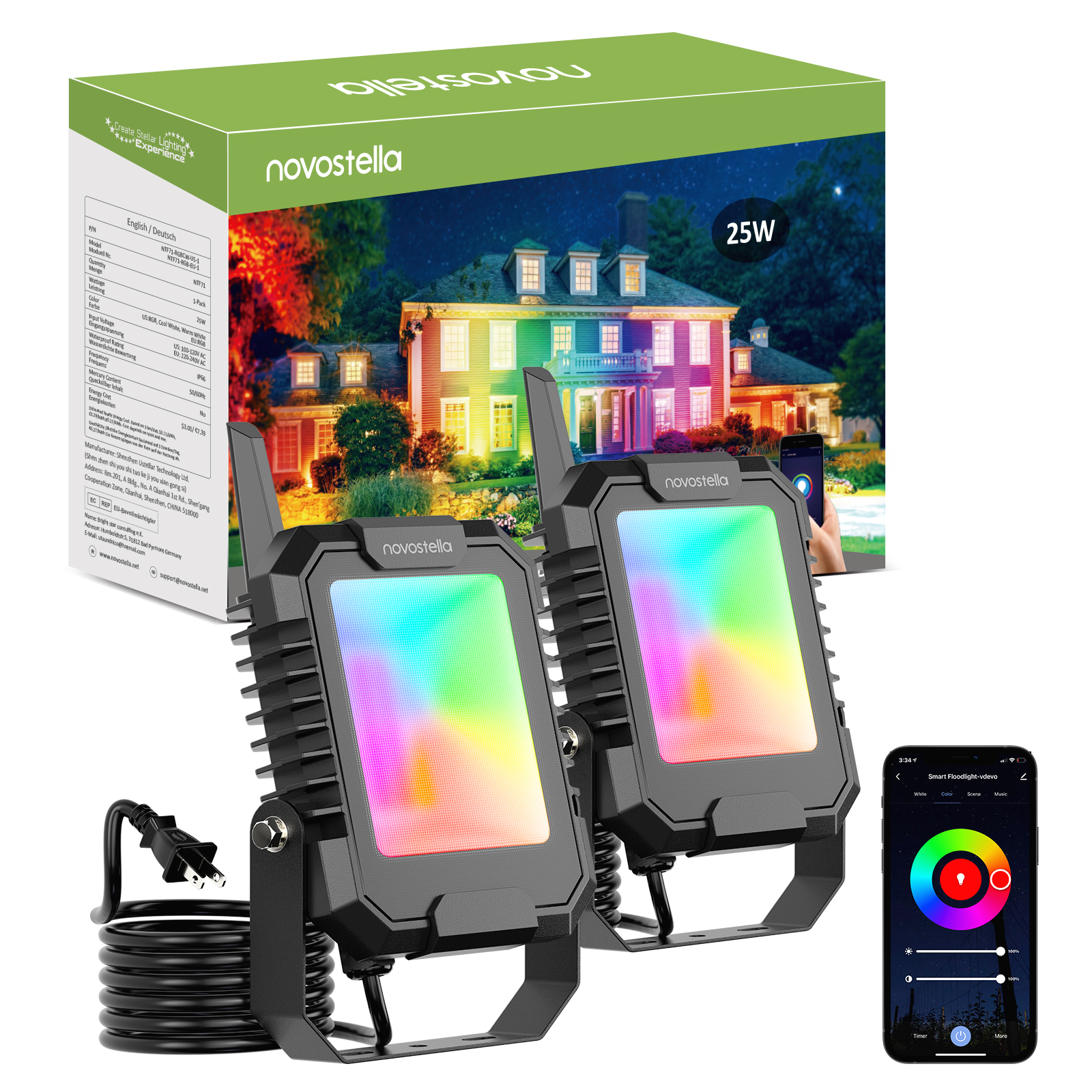 Умные прожекторы Novostella Blink, 25 Вт, 2 шт., RGBCW 2700K-6500K, светодиодные прожекторы 16 миллионов цветов, управление через приложение, IP66, водонепроницаемые