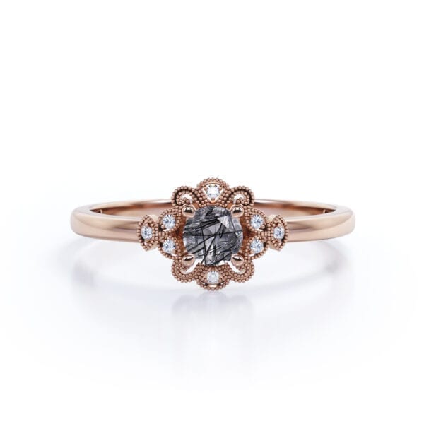 Four Prong Unique Rose Gold Plated Natural Black Rutilated Quartz Gemstone Ring Jewelry