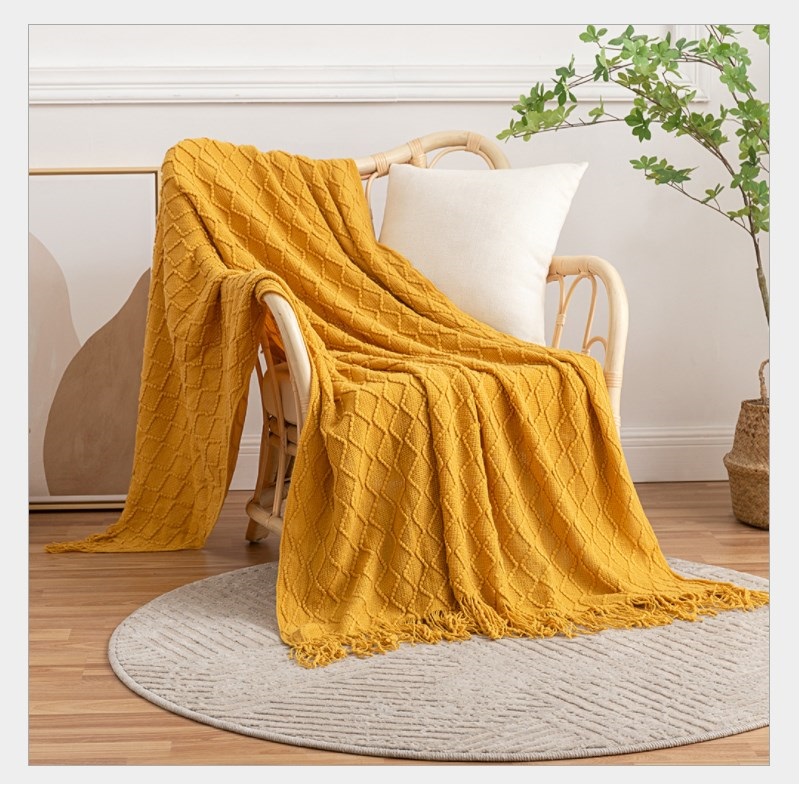 Throw Blanket Textured Soft for Sofa Couch Decorative Knitted Acrylic Tassel Fringe Blanket