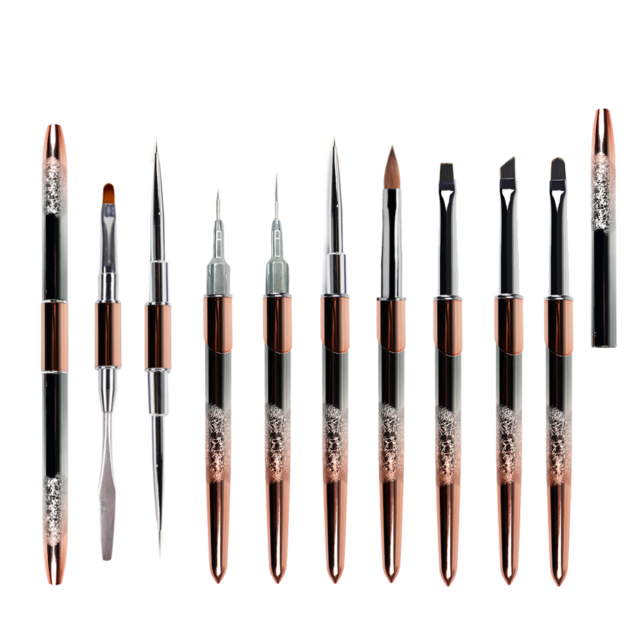 BQAN Sample OEM Nylon 100% Pure Kolinsky Nail Liner Brush Metal Glittery Nail Gel Pen Rose Gold Painting Nail Acrylic Brush