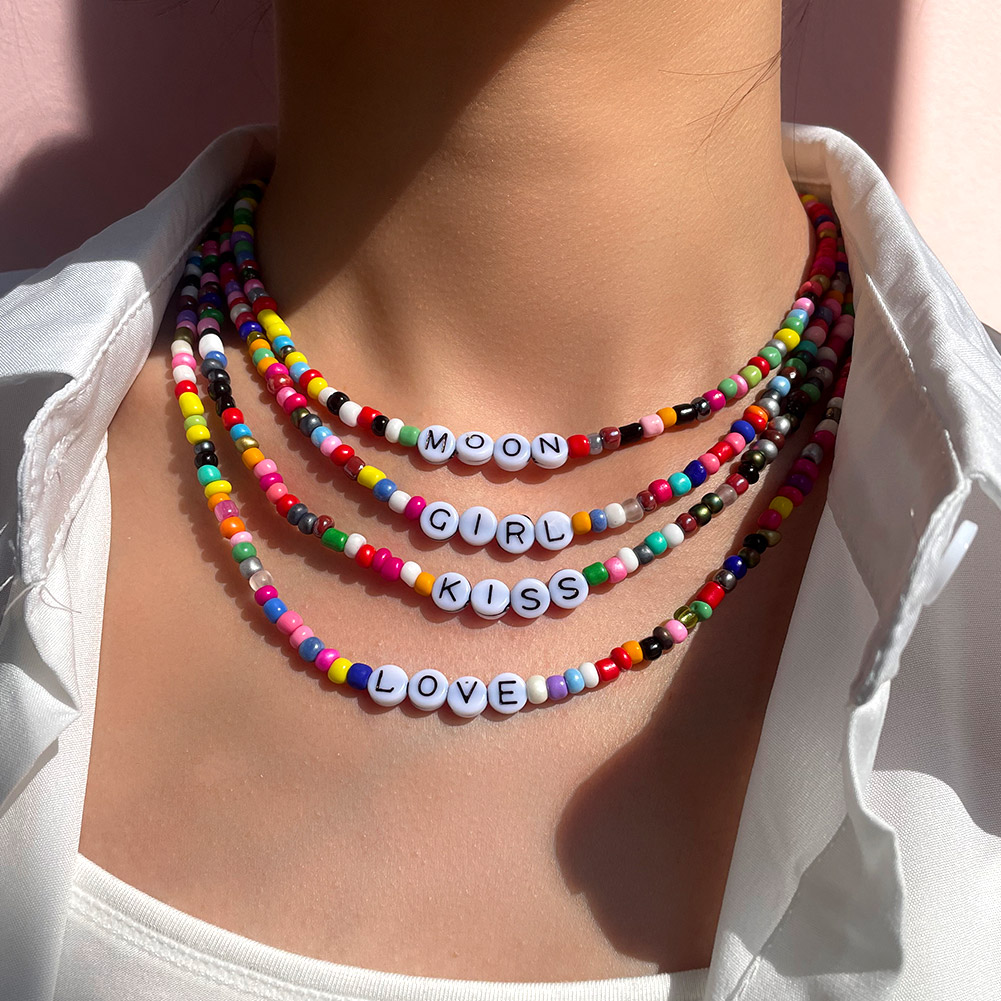 Stylish Lovely Colorful Acrylic Beaded Jewelry Creative Letters Clavicle Chain Necklace For Women