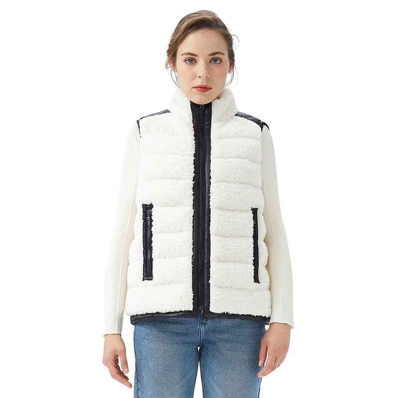 Women's Quilted Vest Sherpa Fleece Zip-Up Stand Collar Reversible Sleeveless Jackets with Pockets
