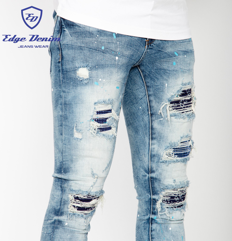 Edge Denim китайский поставщик 2021 новейшая мода окрашенные Лоскутные синие байкерские потертые бриллиантовые джинсы мужские джинсы со стразами
