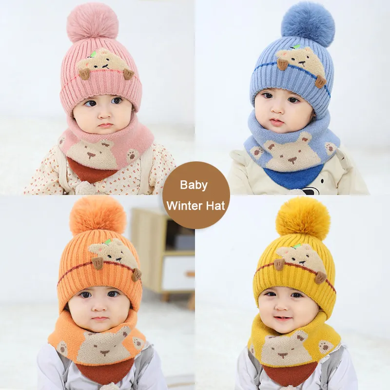 Kids Cartoon Bear knitted Hats And Scarf Baby Winter Hat Set Girl Boy Cap Child Winter Earmuffs Hat Scarf Warm Suit