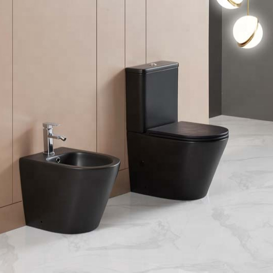 Wholesale European Bathroom Ce Certificated Matt Black P Trap Two Piece Toilet Ceramic Rimless Toilet