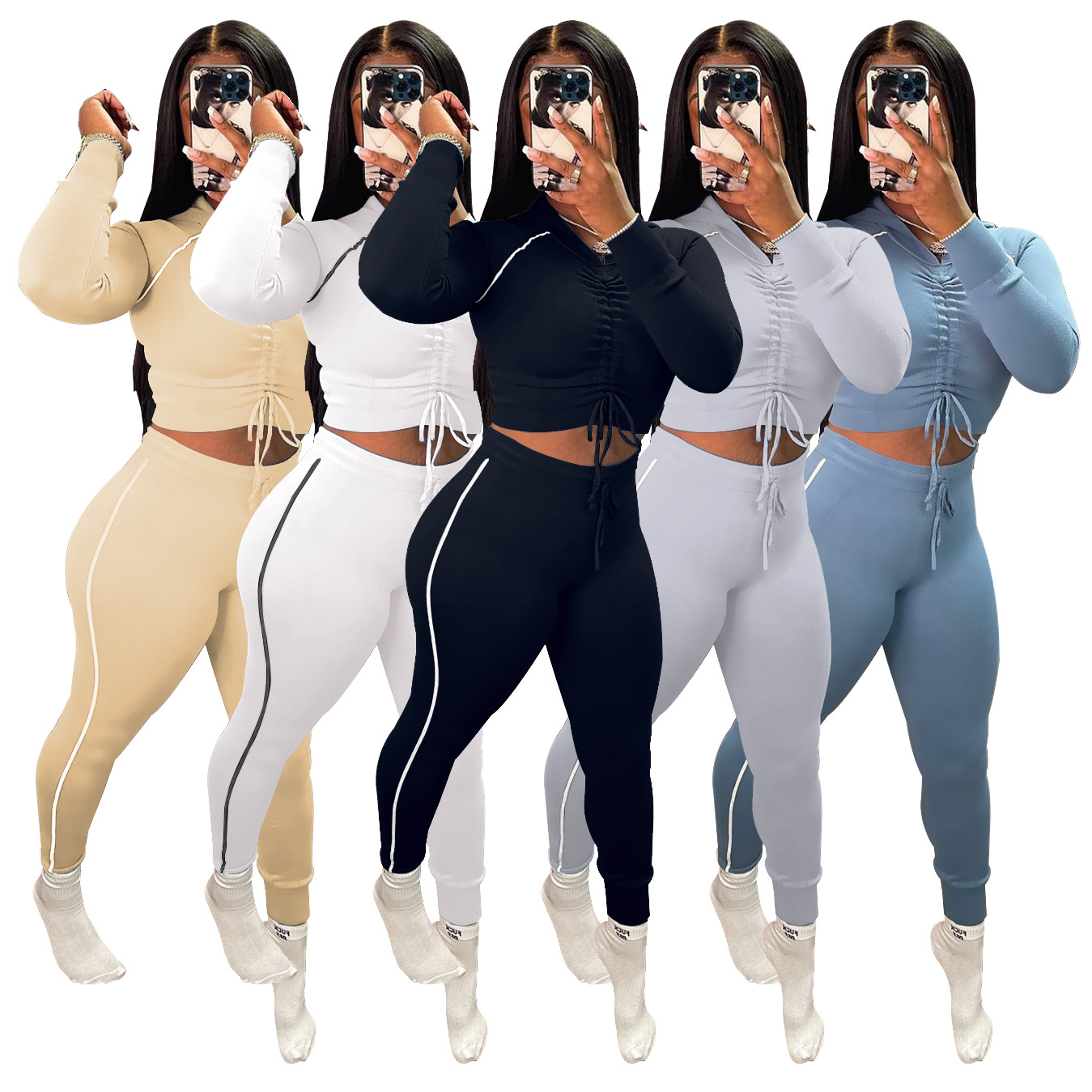 2021 New Fall Solid Drawstring Hooded 2 Piece Set Stretched Tight Sport Suit Women Casual Hooded Tracksuit