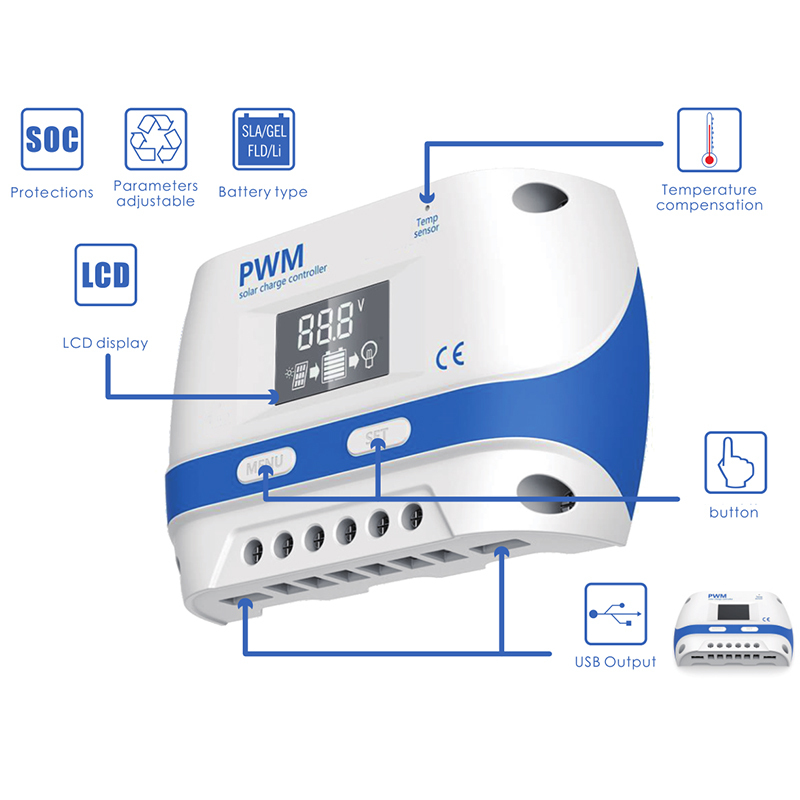 Economic PWM Solar Charge Controller 12V 24V Auto 10A 20A 30A 50A 60A Solar PV Charger With LCD Display USB
