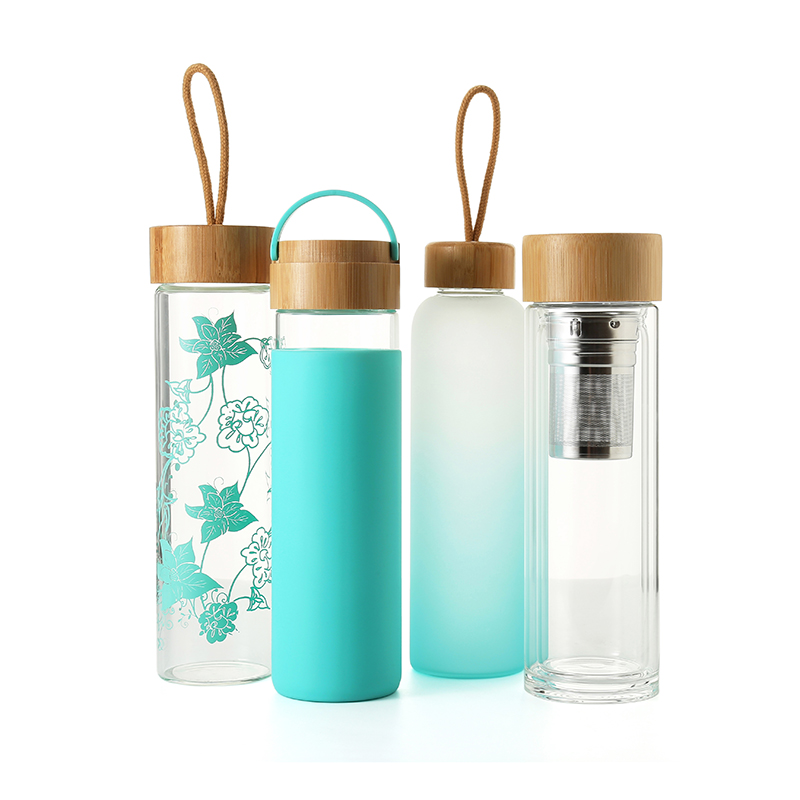 Hot sale high quality double wall glass reusable outdoor office coffee insulated bottle with wooden lid for water tea wine