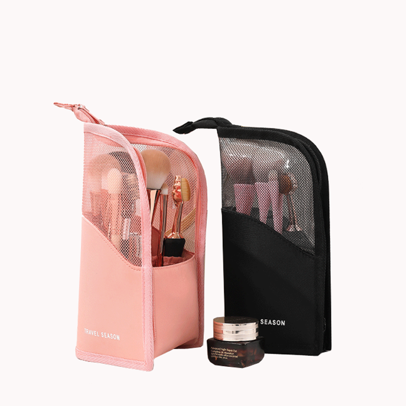 New design high quality stand up waterproof polyester makeup brush holder,multi-function pink and black makeup brush pouch bag