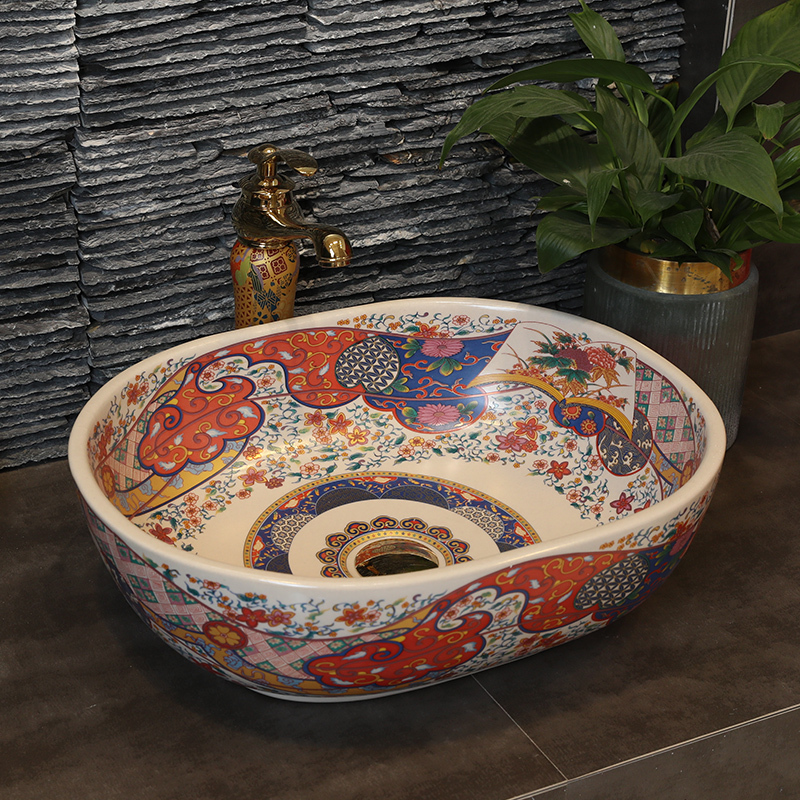 China Artistic Handmade Lavobo Countertop round famille rose ceramic wash basin oval shape bathroom sink