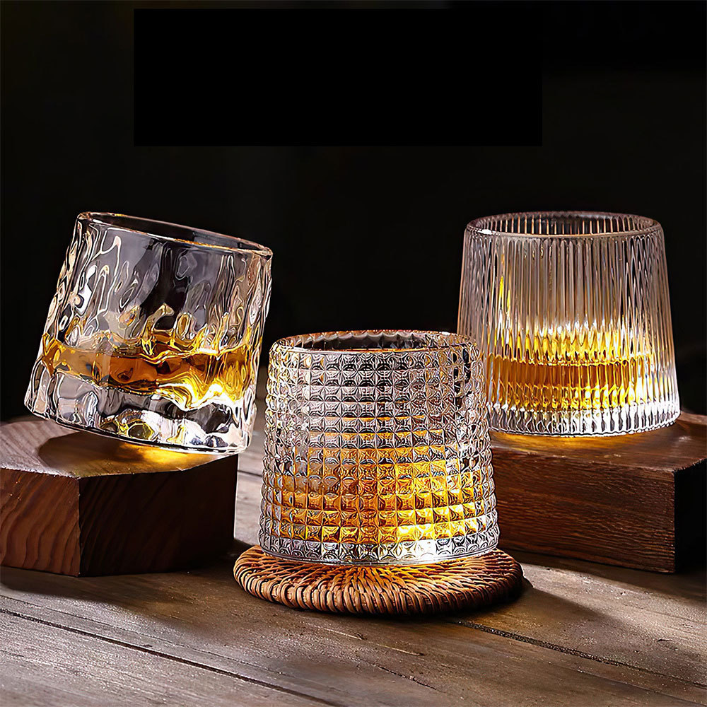 Whiskey Glasses Rotatable Tumbler Crystal Glass With Wooden Coaster Thick-wall Finely Crafted Spin Whiskey Glass Exquisite Gifts