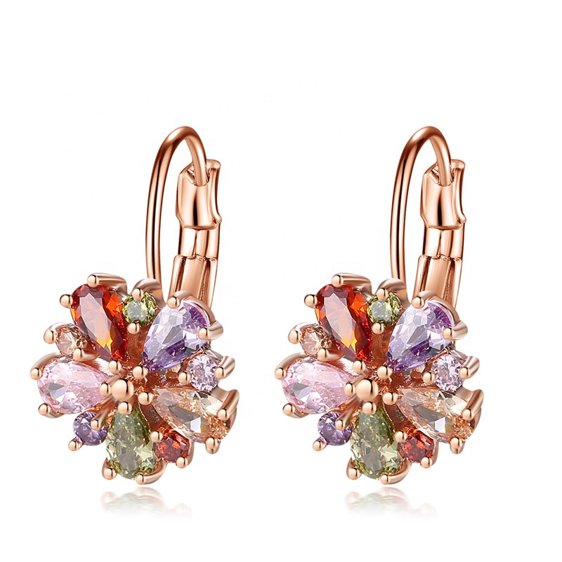 Luxury Bling Colorful Crystal Flower Charm Earrings Trendy Jewelry Rose Gold Plated CZ Bridal Earrings For Party Gift