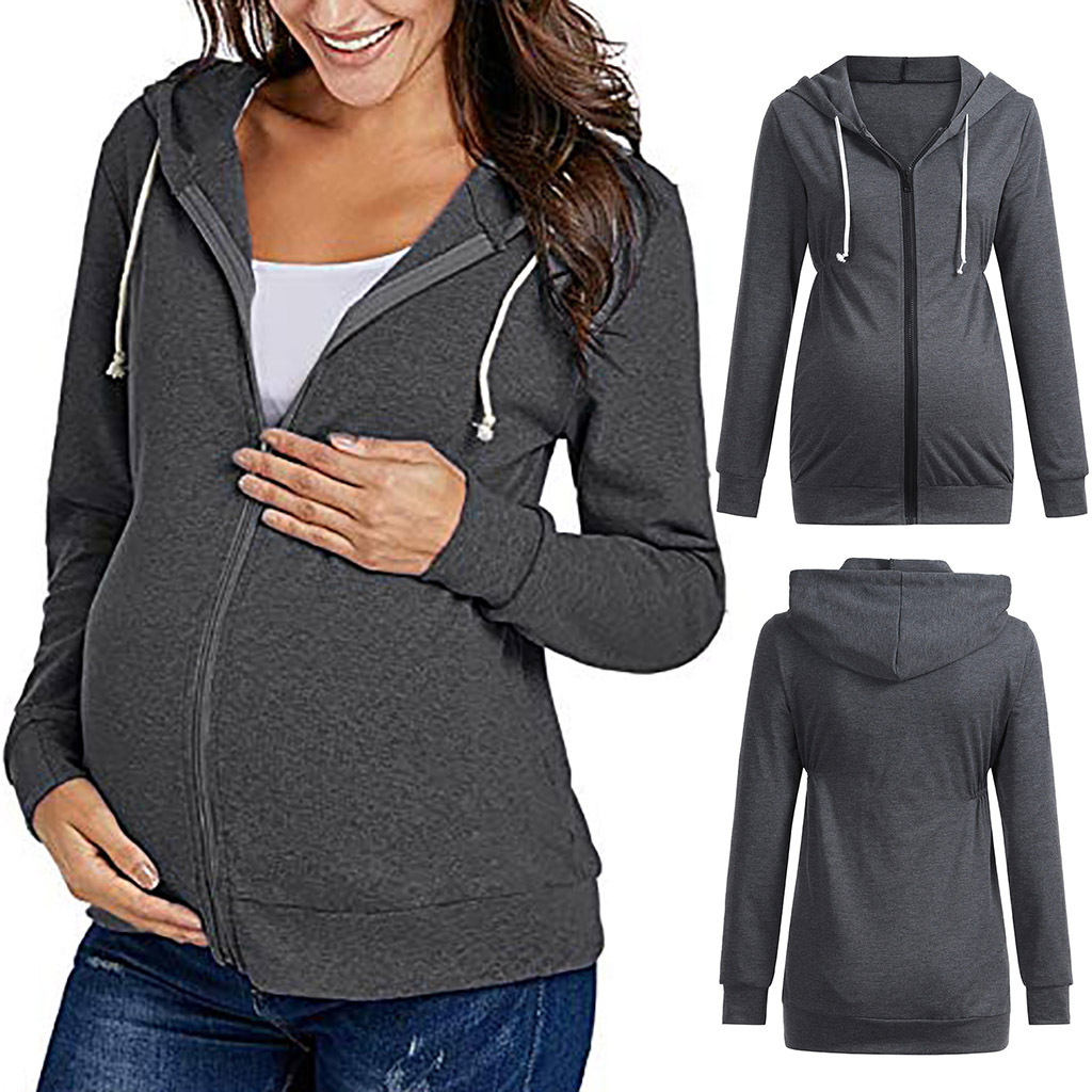 Women's Winter Maternity Clothing Casual Pure Color Long Sleeve Zipper Breastfeeding Coat Nursing Hoodie Clothes