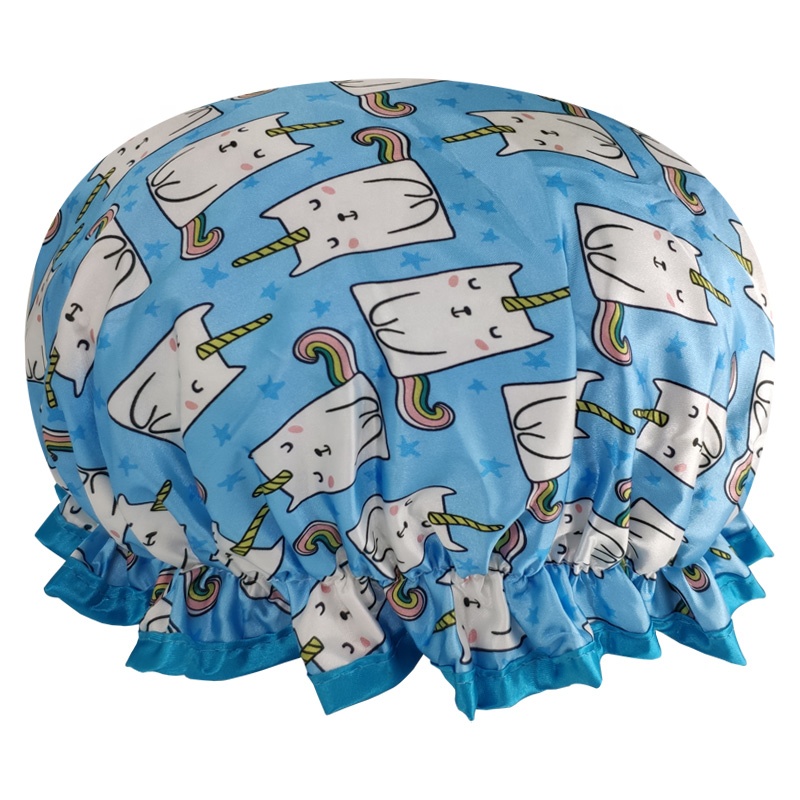 Factorydirect high quality cartoon shower caps low MOQ large enough elastic double layer satin Unicorn shower cap
