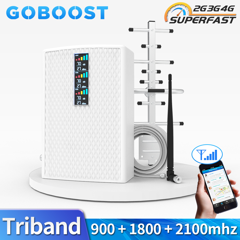 Усилитель сигнала сотового телефона Goboost, GSM ретранслятор, трехдиапазонный DCS WCDMA 900 1800 2100 МГц, Мобильный усилитель сигнала 4g