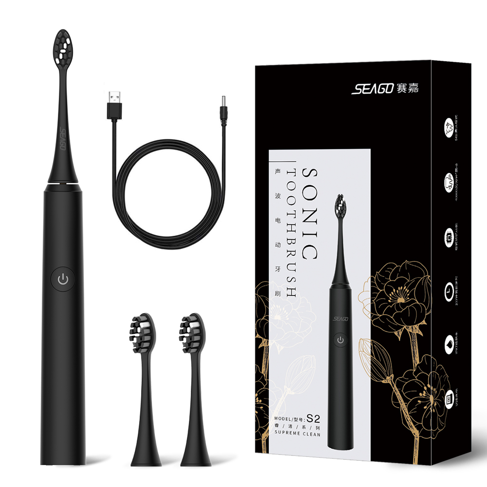 Электрическая звуковая зубная щетка SEAGO Cool Black SG972D с 2 головками, перезаряжаемая через USB