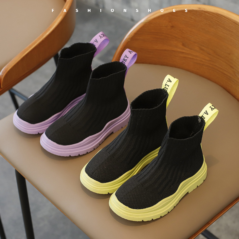 Children's mesh breathable socks shoes 2021 autumn new girls high-top flying knitting non-slip boots