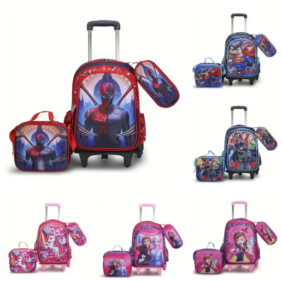 Children Cartoon Kids Waterproof Detachable Luggage Trolley Backpack Children School Bags With Wheels For Girls