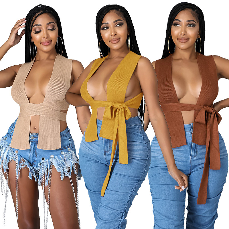 Women's Sweaters solid sleeveless vest lace up belts sexy winter cropped sweater knitted tops