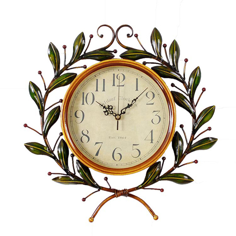 Living room, study, office, European iron olive branch wall clock, fashionable and silent hanging clock