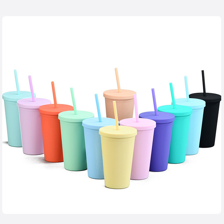 Custom Logo Colorful Water Cups Plastic Travel Printing Coffee Mugs With Straw