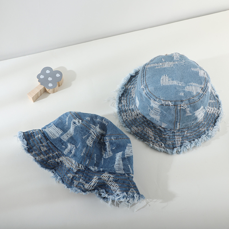 Wholesale Kids Distressed Fringed Jean Denim Fisherman Bucket Hats