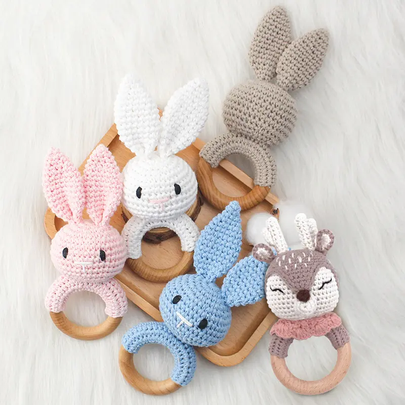 PUSELIFE High Quality Custom Cute Animal Easter Wooden Handmade Bunny Crochet Rabbit Baby Teether Ring Rattle Toy