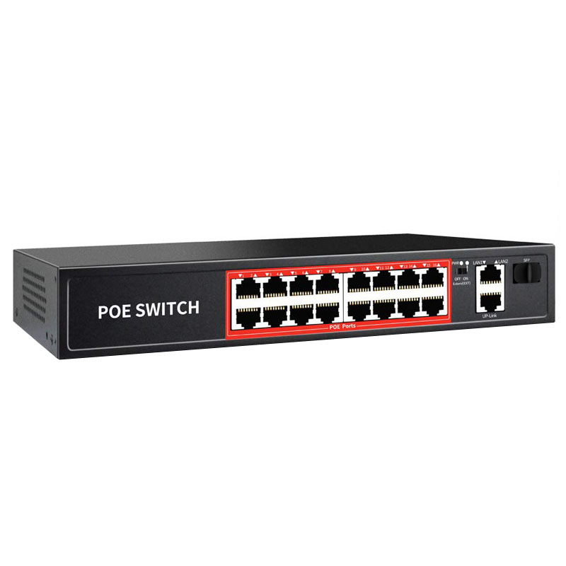 Коммутатор PoE OEM/ODM с 16 портами POE + 2 гигабитными исходящими чернилами, 1x1G SFP,802.3af/at, 240 Вт, увеличивается до 250 м