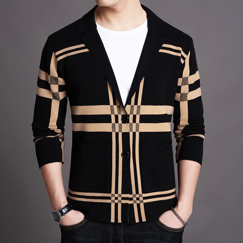 Autumn New Thin Cardigan Men's Casual Sweater Plaid Striped Fashion Korean Style Mens' Jacket Coat