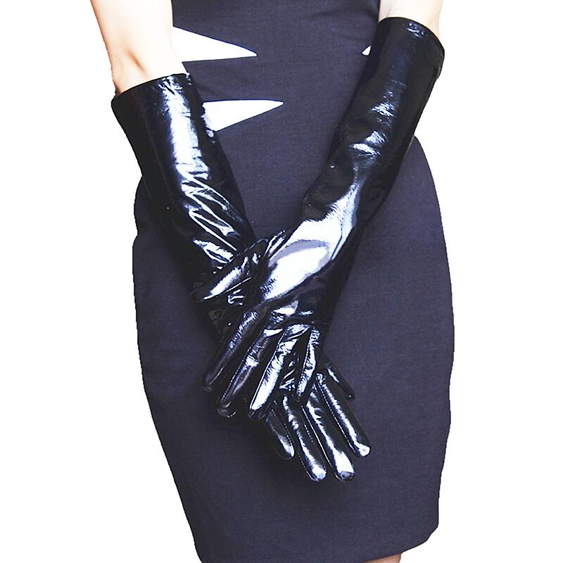 Wholesale High Quality Women 40cm15.7inches Long Black Shiny leather Opera Gloves For 100% Sheep Leather evening Party Gloves