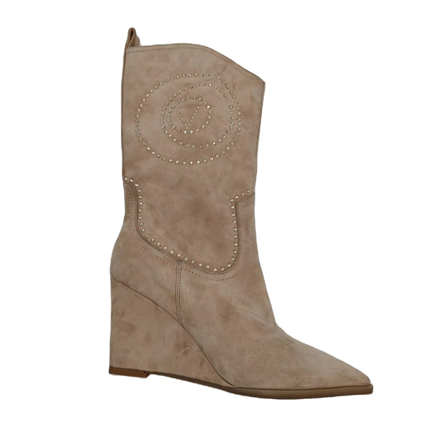 Ladies Luxury Handmade Cowboy Western Wedge Heeled Pointed Toe Rhinestone Brown Real Genuine Leather Mid-Calf Boots for Women