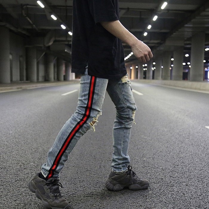 OEM new style jeans pent men stock dropshipping ripped men track jeans strip jeans for men