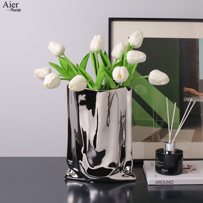 Ваза Aierflorist Morandi для взрослых, светлая Роскошная декоративная креативная Серебряная керамическая ваза с гальваническим покрытием