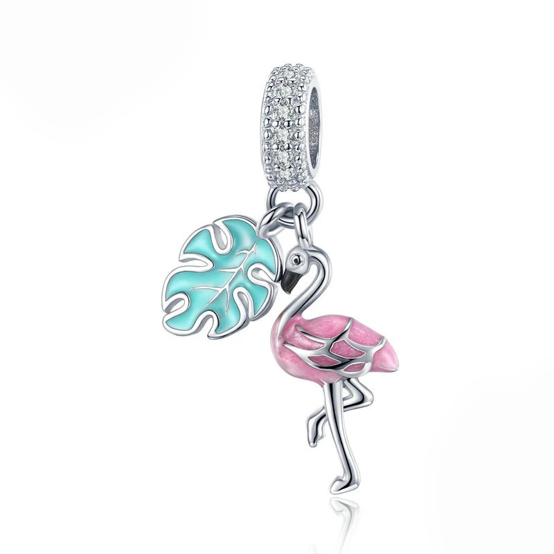 2021 Summer New Pink Enamel Flamingo Pendant Charms for Original 3mm Snake Bracelet or Necklace 925 Sterling Silver Bijoux