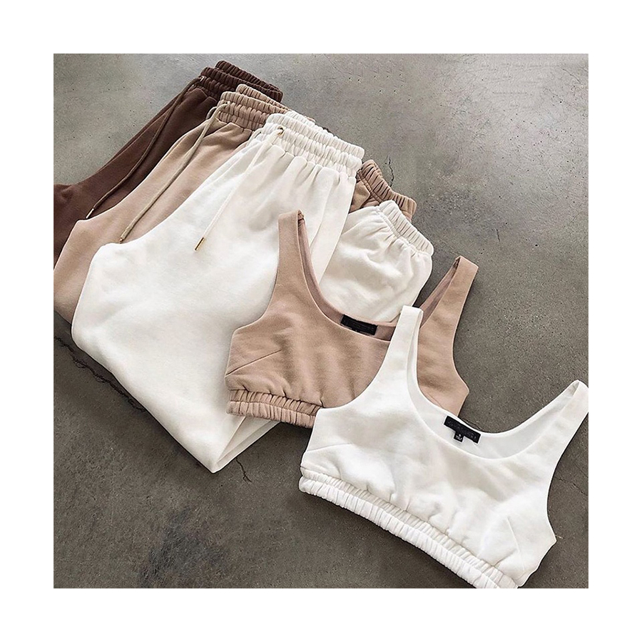 2021 Custom Logo Womens Cotton 2 Piece Crop Top Pants Two Piece Jogging Wear Set