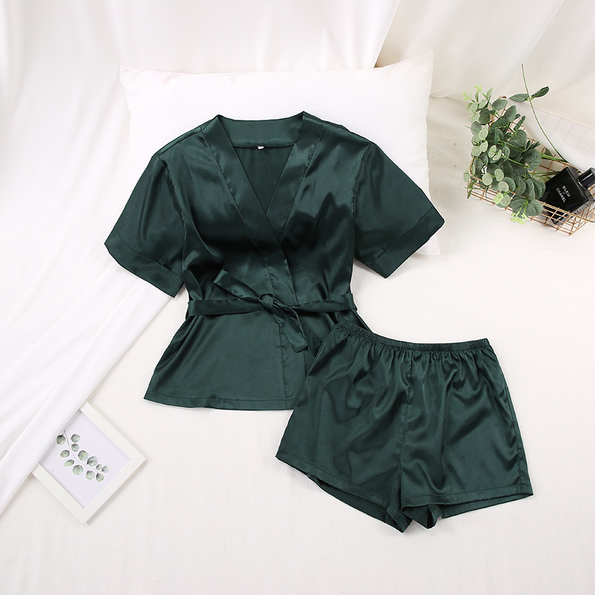 2022 custom logo satin cardigan lacing sleepwear two piece set pyjamas nightgown home breathable short sleeve shorts nightwear