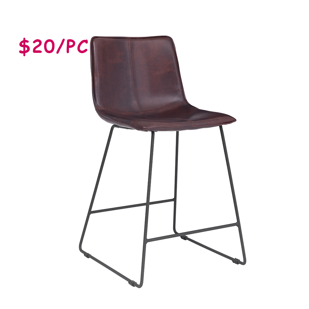 Kitchen Island Traditional Industrial Solid Metal Leg Brown Upholstered PU Leather Pub Counter Height Bar Stools Bar Chair