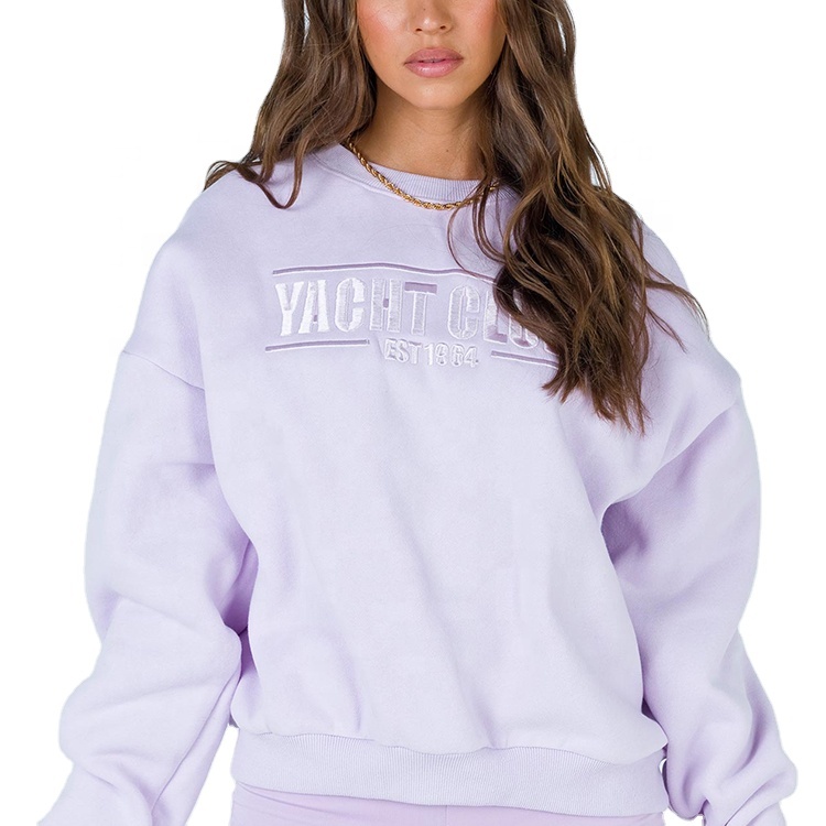 Custom Embroidery Logo Sweatshirt Cotton Fleece Women Crew Neck Sweater Jumper Oversize Custom Prints Embroidery Sweatshirt