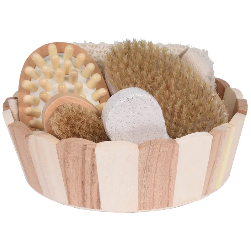 High quality private label 5 pcs set natural wood massage bath brush sets with round bucket for cleaning body